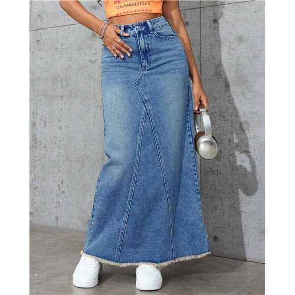 Women's High Waisted Maxi A line Denim Skirt Blue - Picture 2 of 6